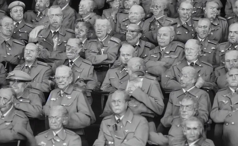 Prompt: 50s movie still full-lenght portrait of soviet generals with very detailed faces sit at the parlement, by Alexei Guerman , Cinestill 800t 35mm black and white, heavy grainy picture, very detailed, high quality, 4k, HD criterion, precise texture