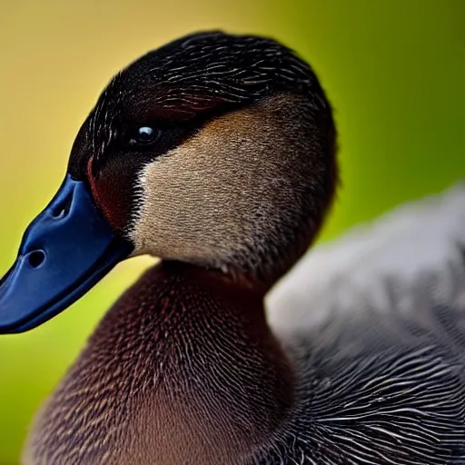 Image similar to A high detail closeup shot of a duck wearing a suit