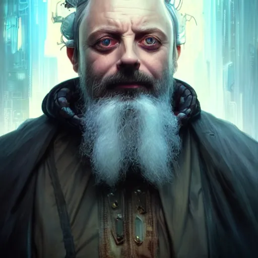 Prompt: portrait painting of a cyberpunk dwarf mage bald and bearded michael sheen, ultra realistic, concept art, intricate details, eerie, highly detailed, photorealistic, octane render, 8 k, unreal engine. art by artgerm and greg rutkowski and charlie bowater and magali villeneuve and alphonse mucha