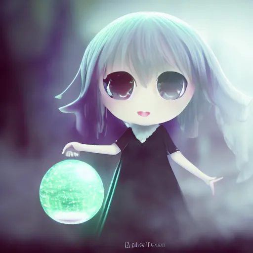 Image similar to cute fumo plush girl gazing into a crystal ball swirling with strange energy, black and white, smoke and volumetric fog, witch girl, soothsayer, lens flare glow, chibi anime, vray