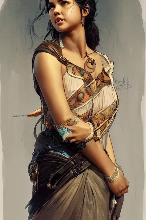 Prompt: portrait en buste of isabela moner, highly detailed, digital painting, artstation, concept art, sharp focus, illustration, art by artgerm and greg rutkowski and alphonse mucha