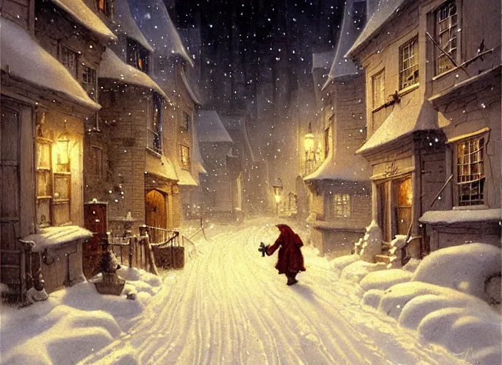 Image similar to a night scene of a snowy street, a detailed painting by anton pieck and gil elvgren, deviantart contest winner, fantasy art, concept art, official art