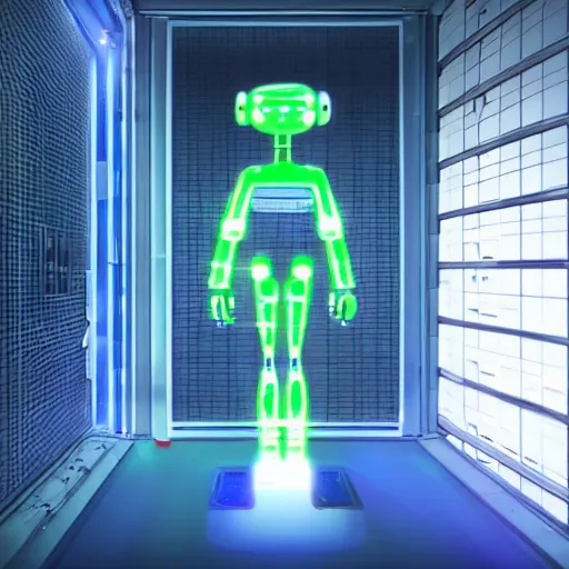 Image similar to futuristic humanoid robot in a containment facility, photorealistic, neon lights,