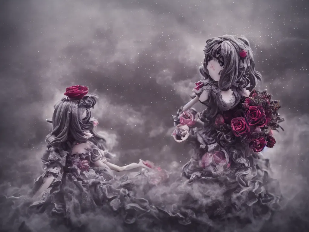 Image similar to cute fumo plush of a gothic maiden girl clutching lots of decayed roses, stale twilight, swirling vortices of emissive smoke and volumetric fog over the river, bokeh, 5 0 mm, vignette, vray