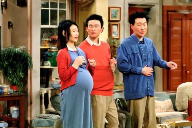 Prompt: A pregnant Chinese man guest starring on Friends