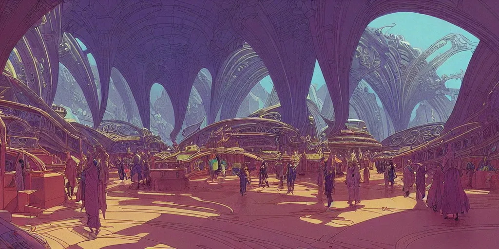 Image similar to cel shaded cinematic shot of the interior of a sci-fi space station with ornate Elven architecture bustling with people, epic castle, emerald, crystalline, detailed illustration, sharp focus, concept art by Moebius, Jean Giraud Moebius
