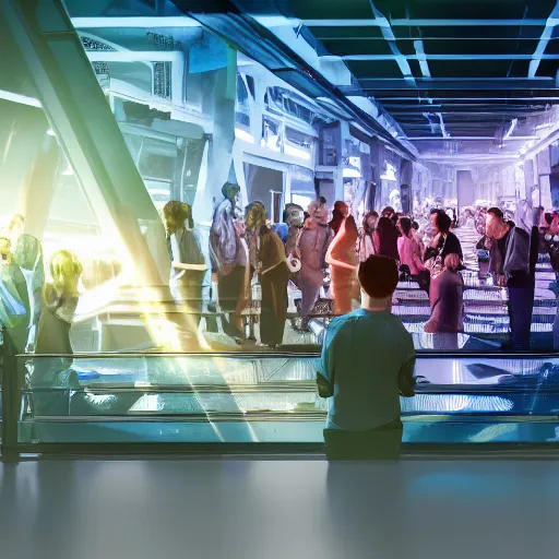 Image similar to large group people in a warehouse, looking at hologram of futuristic city on a table, cinematic concept art, godrays, golden hour, natural sunlight, 4 k, clear details, tabletop model buildings, tabletop model, hologram center