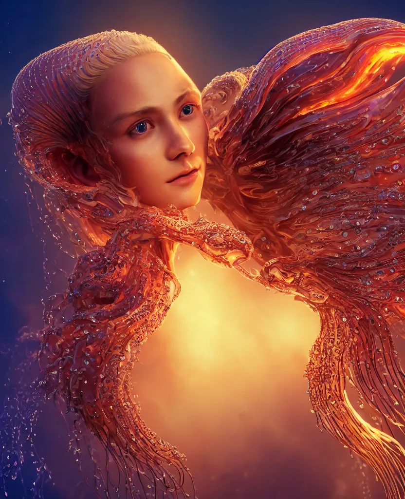 Image similar to close-up macro portrait of the face of a beautiful princess, epic angle and pose, symmetrical artwork, 3d with depth of field, blurred background, cybernetic jellyfish female face skull phoenix bird, translucent, nautilus, energy flows of water and fire. a highly detailed epic cinematic concept art CG render. made in Maya, Blender and Photoshop, octane render, excellent composition, cinematic dystopian brutalist atmosphere, dynamic dramatic cinematic lighting, aesthetic, very inspirational, arthouse. y Greg Rutkowski, Ilya Kuvshinov, WLOP, Stanley Artgerm Lau, Ruan Jia and Fenghua Zhong