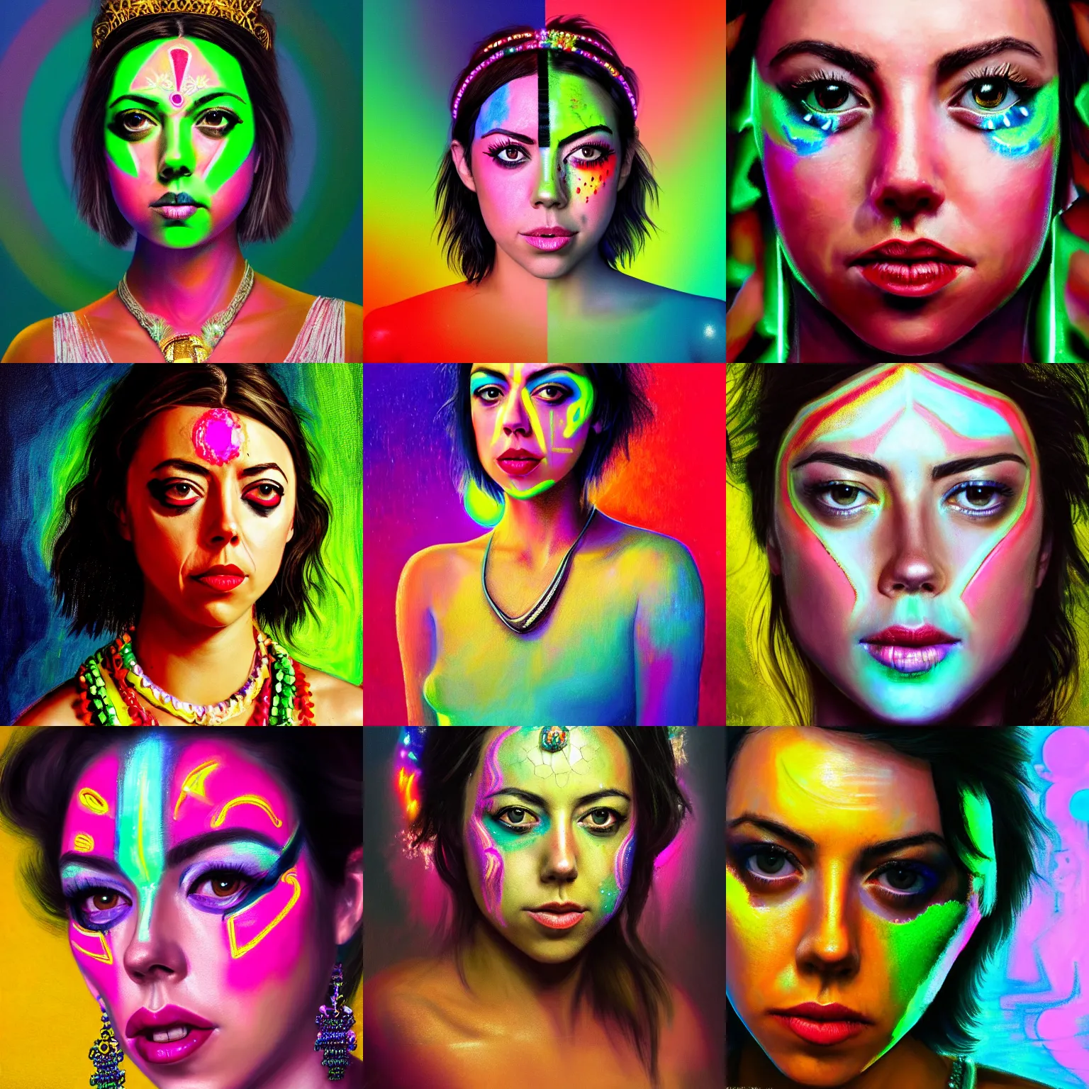 Prompt: aubrey plaza as the goddess of neon. intricate jewelry and face paint, flowing clean 4 k art trending on artstation by monet, rembrandt, oil painting, digital
