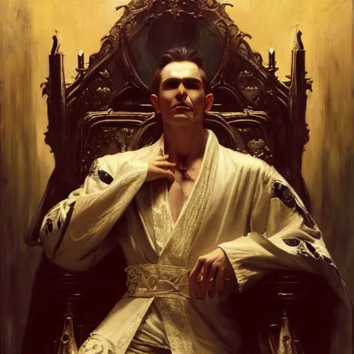 Image similar to perfectly centered portrait of attractive vampire king in a robe sitting on a throne of bones, highly detailed painting by gaston bussiere, craig mullins, j. c. leyendecker, 8 k