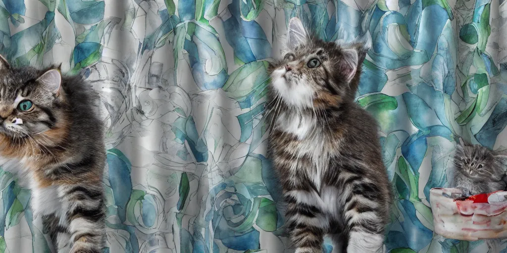 Image similar to shower curtain product catalog. on the curtain is a watercolor with ink under drawing of a cat toy being chased by a maine coon kitten. wide - angle product photography, product lighting. 4 k, highly detailed. saturated.