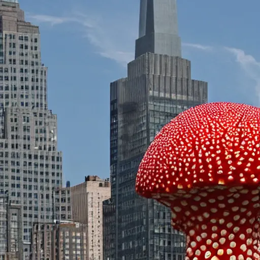 Image similar to a building of the shape of an amanita muscaria in the New York skyline