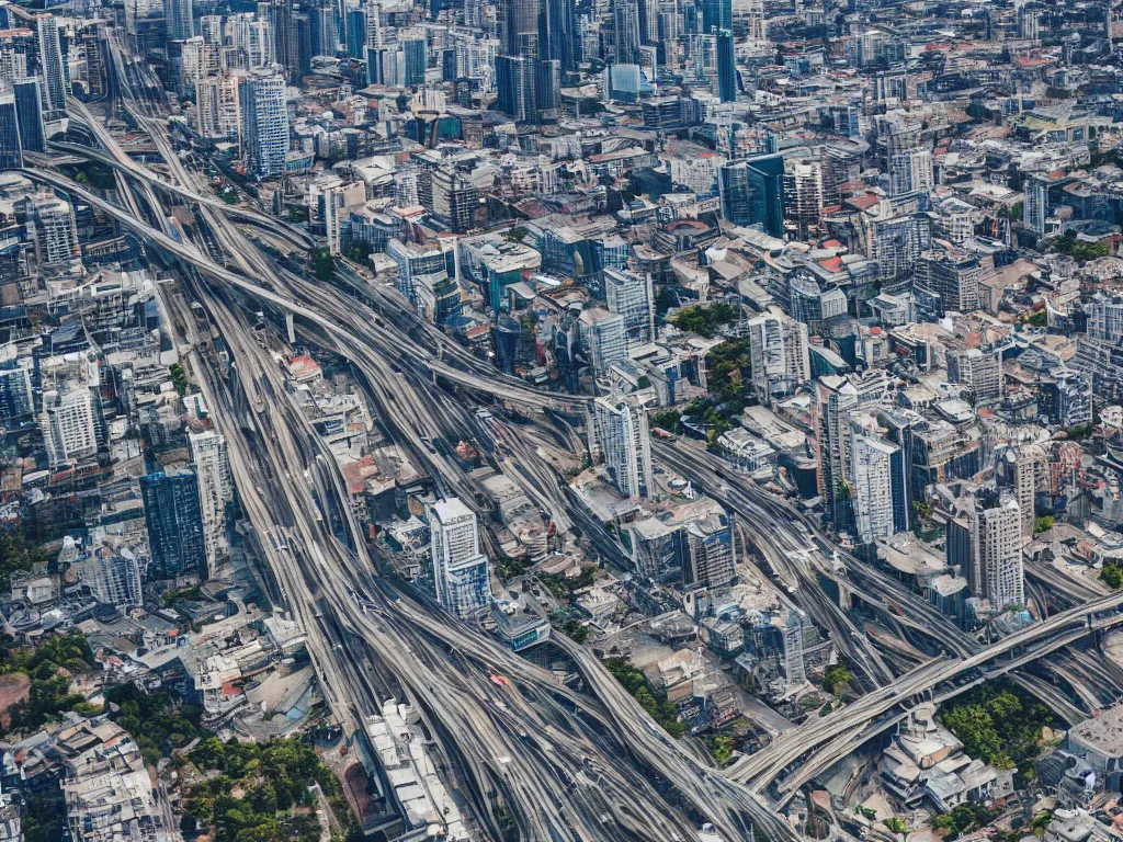 Prompt: drone view of a city with a large highway through, Brutalist architecture,sharp focus,telephoto lens,digital art,Neil Blevins 4k