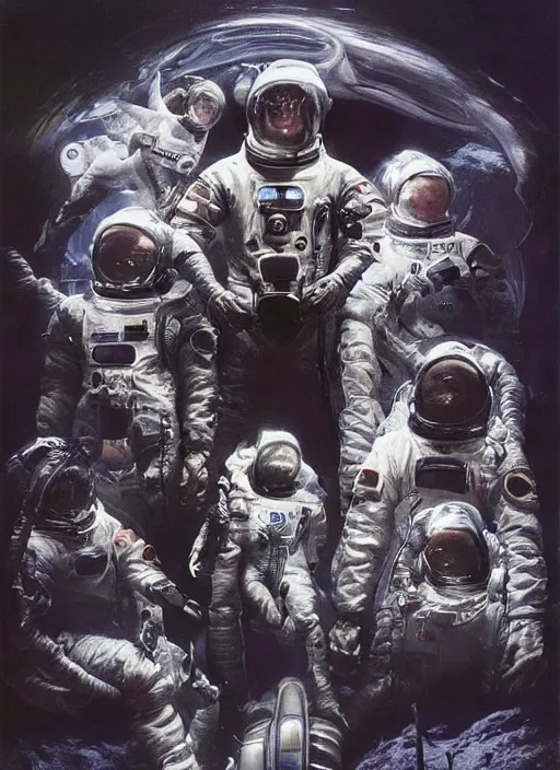 Image similar to astronauts in dark void underwater - complex and hyperdetailed technical suit. reflection and dispersion materials. rays and dispersion of light. volumetric light. f / 3 2. noise film photo. flash photography. ultra realistic, wide angle. poster by wayne barlowe, hajime sorayama aaron horkey, craig mullins