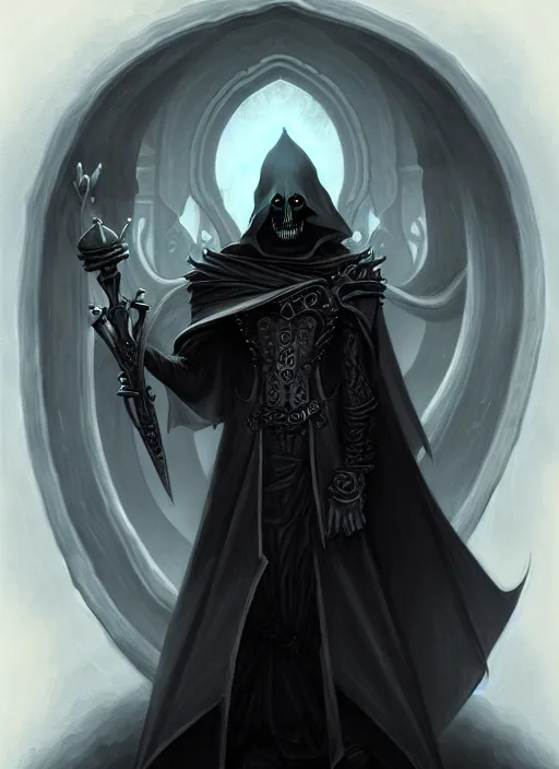 Prompt: pencil sketch of the necromancer, wearing a black cloak, by peter mohrbacher, hyper detailed, crisp