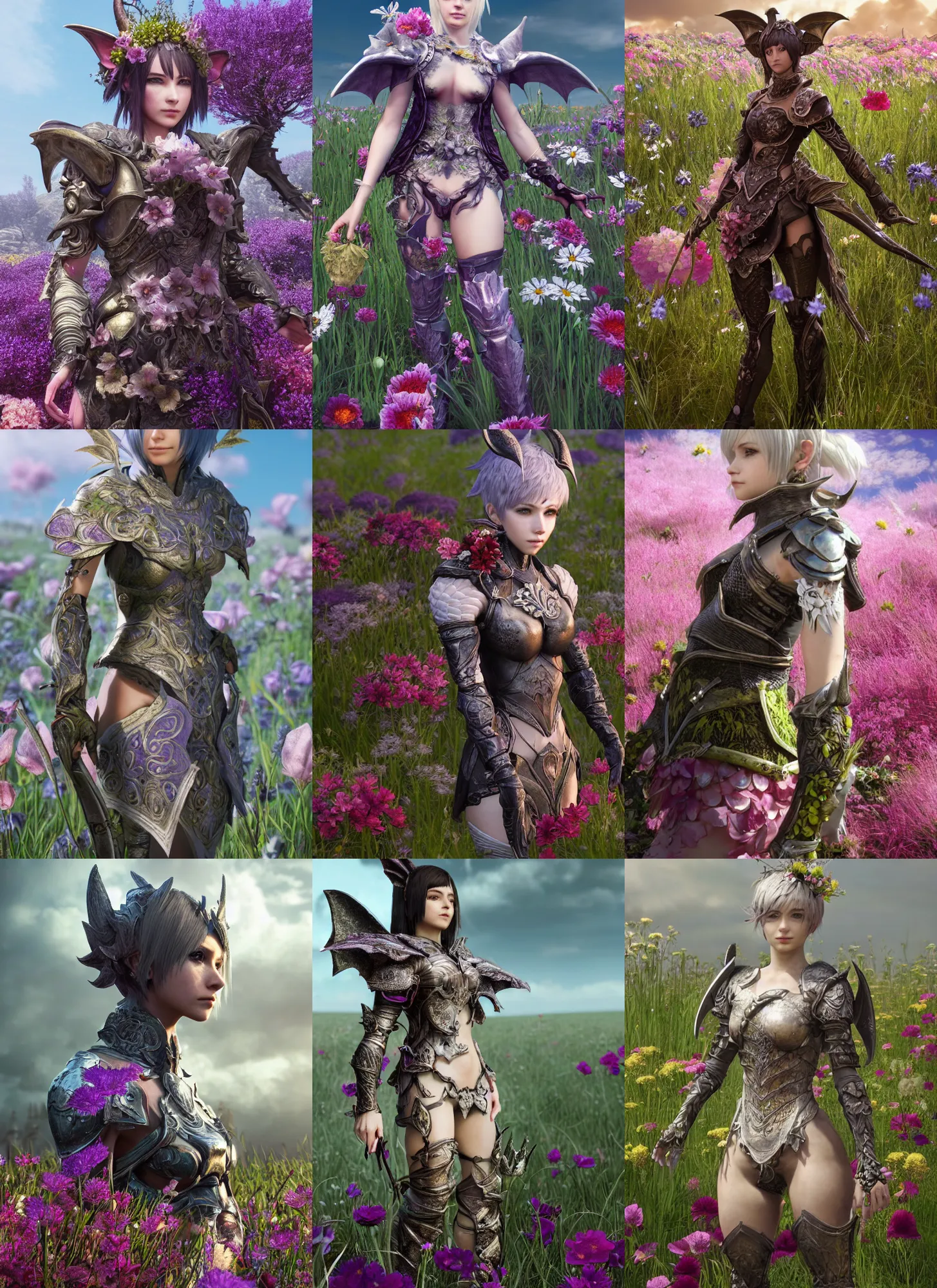 Prompt: character portrait of an au ra with a pixie cut and dragon scale skin standing in a field of flowers wearing armor, final fantasy xiv, octane render, a realistically proportioned face, photorealistic eyes, good value control, smooth, realistic shading, realistic face details, illustration, substance painter, very highly detailed