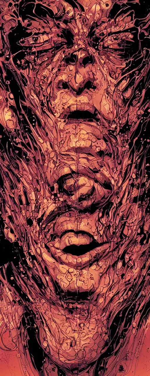 Image similar to closeup of face melting in agony, inside dark oil, frontal picture, by masamune shirow, josan gonzales and dan mumford