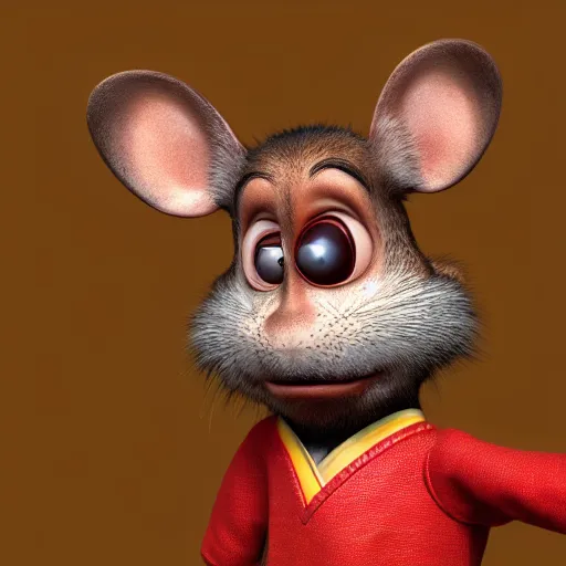 Image similar to a portrait of a human-rat mutant hybrid with brown fur wearing a red kimono, disney, pixar, dreamworks, 3d rendering, hdr, subsurface scattering, cartoon
