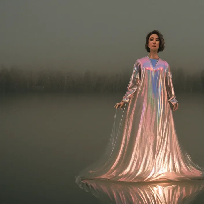 Image similar to a closeup portrait of a woman wrapped in plastic, standing next to a levitating iridescent vinyl orb, in a foggy lake, color photograph, by vincent desiderio, canon eos c 3 0 0, ƒ 1. 8, 3 5 mm, 8 k, medium - format print