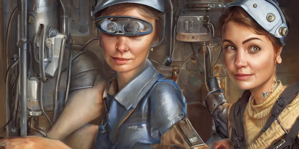 Image similar to highly detailed portrait painting of welder and angelina joile, mono eyed, by eddie mendoza and tyler edlin, windows, 8 k resolution