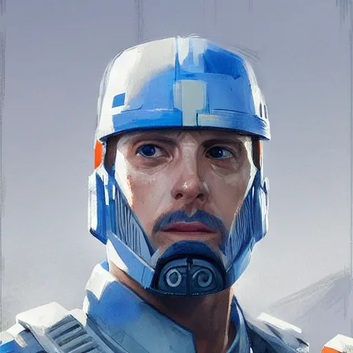 Image similar to portrait of a man by greg rutkowski, a soldier of the new galactic republic, wearing a white, blue and orange tactical gear, star wars expanded universe, highly detailed portrait, digital painting, artstation, concept art, smooth, sharp foccus ilustration, artstation hq