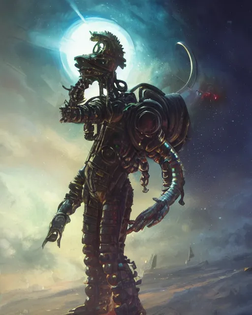 Prompt: oil painting of lovecraftian sci-fi demon, wearing space suit, sharp focus, holding sci-fi rifle, magical aura, heroic pose, fantasy style, octane render, volumetric lighting, 8k high definition, by greg rutkowski, highly detailed, trending on art Station, magic the gathering artwork, Spaceship hallway backround, centered