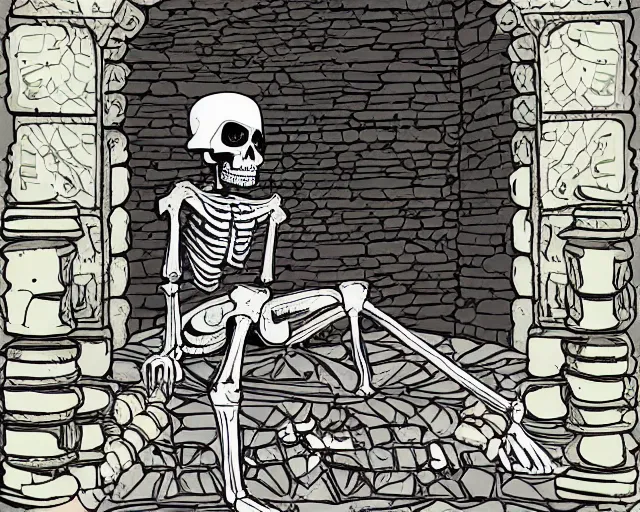 Prompt: Giant skeleton remains sitting down guarding the temple door ruins, digital illustration, 2D, flat colors, vibrant colors