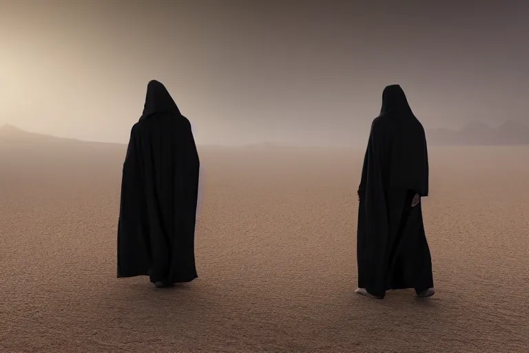 Image similar to mysterious figure in striking cloak walking through sandstorm in desolate desert, buried city, global illumination, hyper - realistic, insanely detailed and intricate, cinematic 8 k