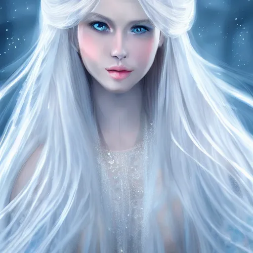 Image similar to A portrait of an attractive young female ice angel, beautiful long white hair, wearing ice crystals, intricate, highly detailed, elegant, digital painting, trending on artstation