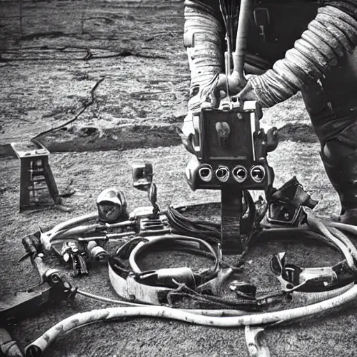 Image similar to wide angle photo of viking wearing space suit helmet and viking armor working on the antigravity gun ancient device, tools and junk on the ground,wires and lights, old village in the distance, vintage old photo, black and white, sepia