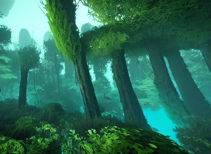 Prompt: a forest that grows upside down entirely underwater. Intricate. Very detailed 8k. Fantasy horror. Sharp. Cinematic post-processing. Unreal engine. Nanite. Ray tracing. Parallax. Tessellation