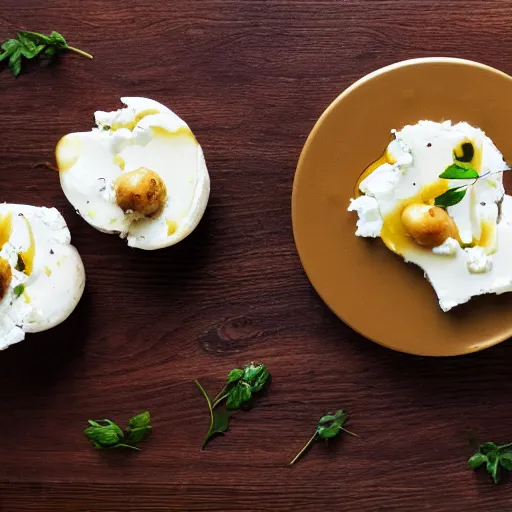 Prompt: dslr photograph of potatoes, goat cheese and honey sauce, michelin starred restaurant, award winning photography