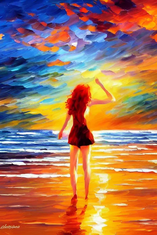 Image similar to a red haired young girl beach surreal, sunrise, dramatic light, impressionist painting, colorful clouds, digital painting, artstation, leonid afremov