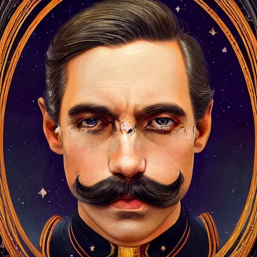 Prompt: Portrait of a French mustached man as president of the galaxy, fantasy, high detail, elegant, digital painting, natural light, vibrant, intricate, textured skin, highly detailed, artstation, sharp, focus, illustration, by Anna Dittmann, Ilya Kuvshinov, Nikolay Makovsky