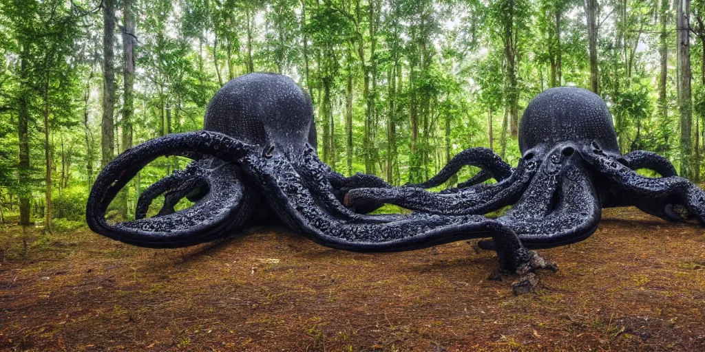 Prompt: a highly detailed giant black octopus god in the middle of a forest, beautiful ambient light, sun rays hitting the slightly transparent creature, 8k photography