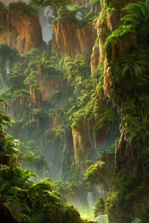 Image similar to the lost valley, rock arcs, lush vegetation, exotic forrest and plants, landscape, alex ross, eddie mendoza, raphael lacoste, sebastian ludke, concept art, matte painting, highly detailed, rule of thirds, dynamic lighting, cinematic, detailed, magnificiant landscape, denoised, centerd