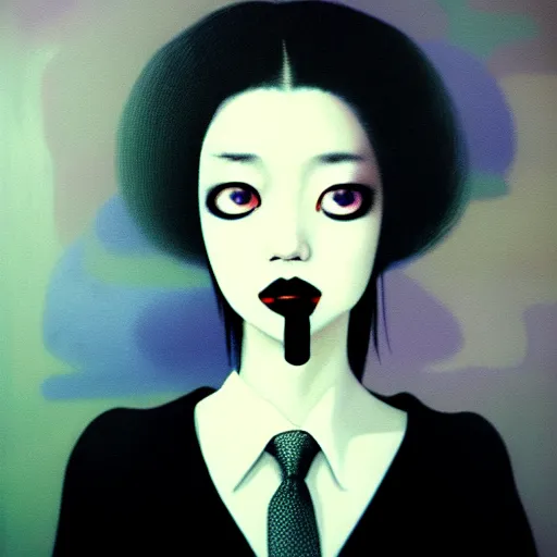 Image similar to yoshitaka amano blurred and dreamy minimalistic three quarter angle portrait of a young woman with black lipstick and black eyes wearing dress suit with tie looking up and to the side, junji ito abstract patterns in the background, satoshi kon anime, noisy film grain effect, highly detailed, renaissance oil painting, weird portrait angle, blurred lost edges