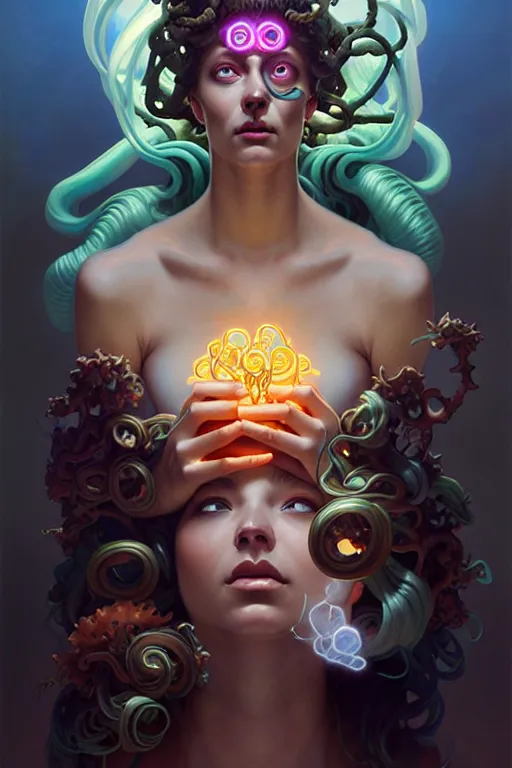 Image similar to portrait, bioluminescent medusa, elegant baroque, asymmetrical art, hyperrealism, colorful, vivid, imposing, epic, digital painting, artstation, concept art, by peter mohrbacher and wlop and rhads and artgerm and magali villeneuve and alphonse mucha