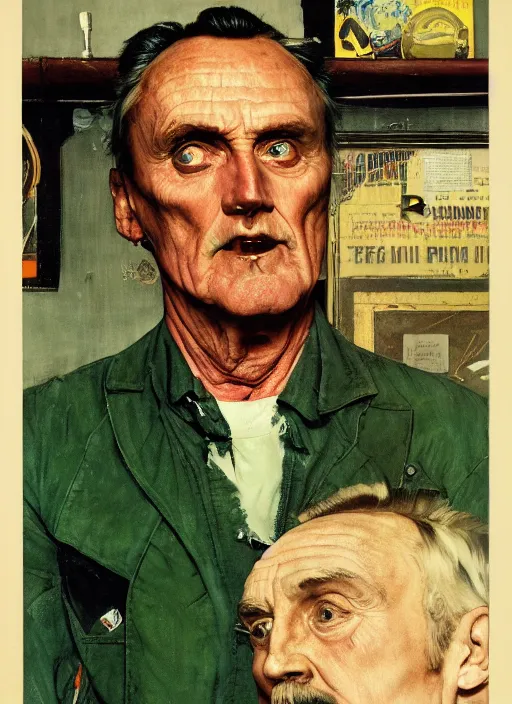 Image similar to full body and head portrait of dennis hopper in a dark and dingy apartment, painted by norman rockwell and tom lovell and everett raymond kinstler, green, dystopian