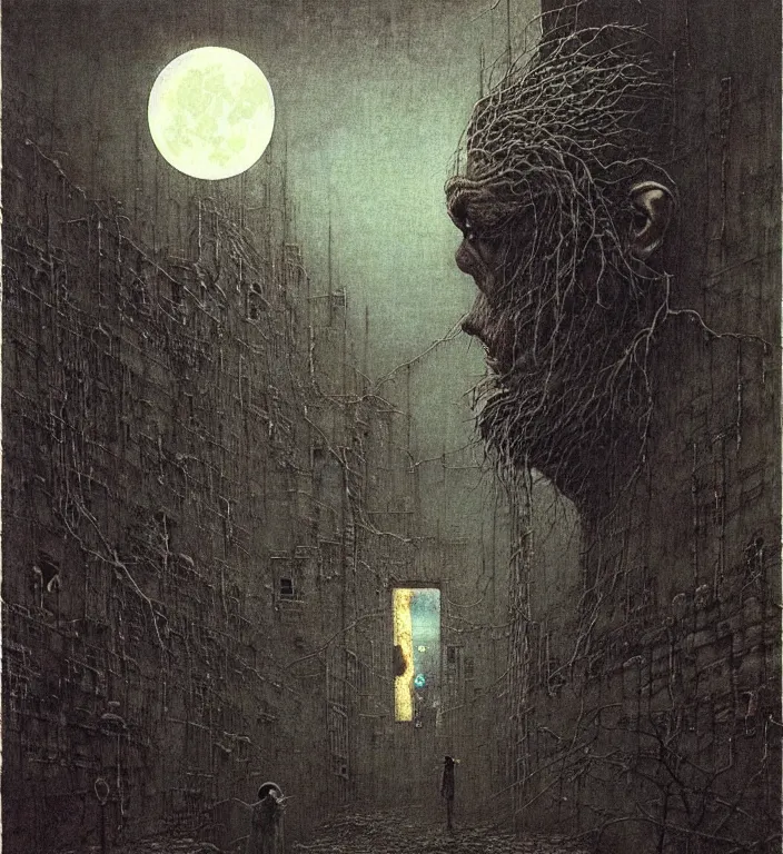 Prompt: old white - headed man under the huge moon on a street of ruined city by beksinski and takato yamamoto, very coherent, baroque elements, glitch!!!