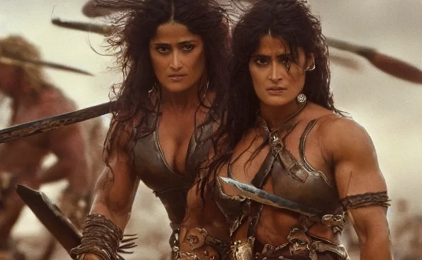 Image similar to epic photo of muscular salma hayek as beautiful barbarian warrior queen with long curly black hair, battle scene with a thousand warriors behind her in the background, sweaty, detailed eyes, neutral expression, shallow depth of field, photorealistic, cinematic lighting, lovely bokeh, warm colours, dusk, movie quality, conan the destroyer 1 9 8 5, movie still, cinemascope