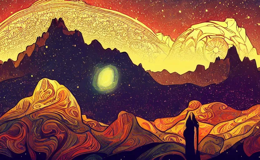 Prompt: mountains, stars and paisley filled sky, artstation, intricate, highly detailed, digital painting, concept art, sharp focus, illustration by Megan Duncanson and Alphonse Mucha