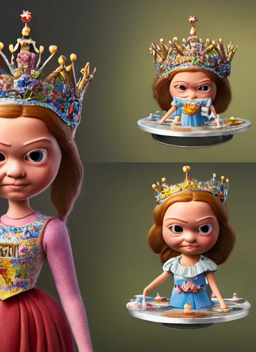 Image similar to highly detailed closeup, face profile portrait of greta thunberg as a tin toy fairytale princess wearing a crown eating cakes, bikini, unreal engine, nicoletta ceccoli, mark ryden, earl norem, lostfish, global illumination, detailed and intricate environment