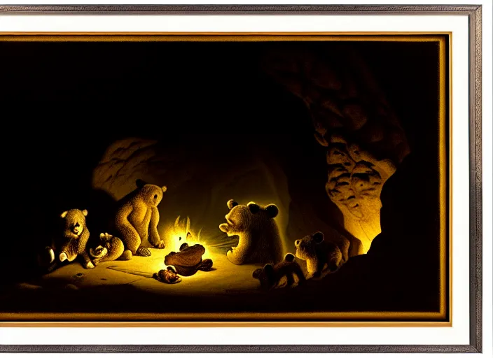 Image similar to Pieter Claesz's 'bear and her cubs sleeping in a dark cave lit by campfire', night time, cross hatching, framed