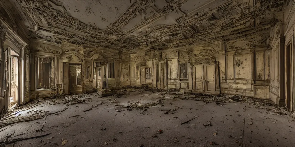 Prompt: Architectural photography of abandoned, high and dark mansion at night, high detail, 14mm, , archdaily, hgh resolution