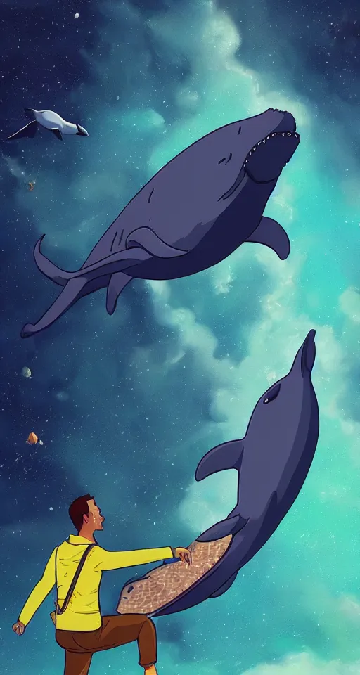 Image similar to Bojack Horseman riding a whale in space, beautiful digital art, trending on artstation, Bojack Horseman, Space whale