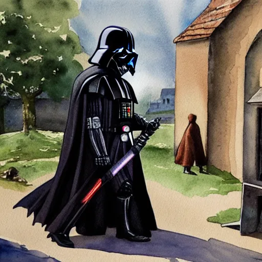 Image similar to a watercolor painting of darth vader leaving a medieval church in a a quaint english village