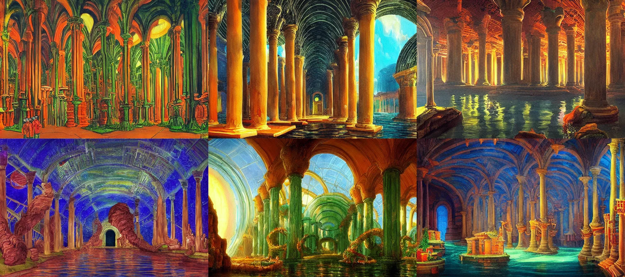 Prompt: basilica cistern in the style of dr. seuss, starships, painting by thomas cole