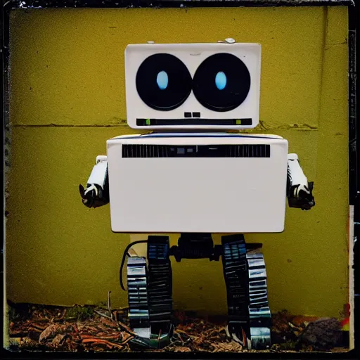 Image similar to polaroid of wall - e robot in abandoned washington city