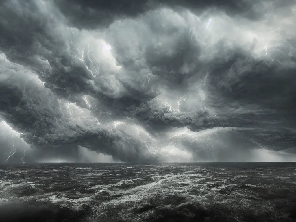 Image similar to detailed supercells, landscapes, unusual super storm, beach, scifi, moody, atmospheric, cinematic, very high complexity, stunning, masterpiece, very detailed. 4 k